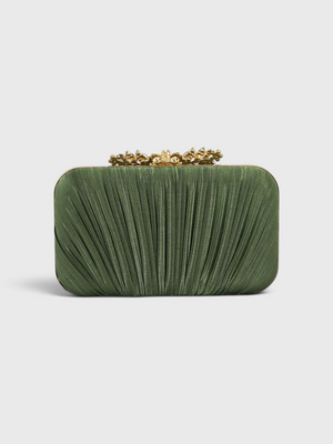 Bolsa Clutch Feminina Plissada Verde Oliva com Strass