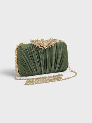 Bolsa Clutch Feminina Plissada Verde Oliva com Strass