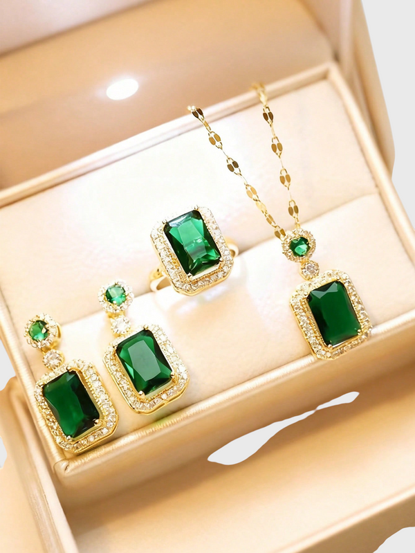 Conjunto Feminino Strass Quadrado Lumière Verde Esmeralda