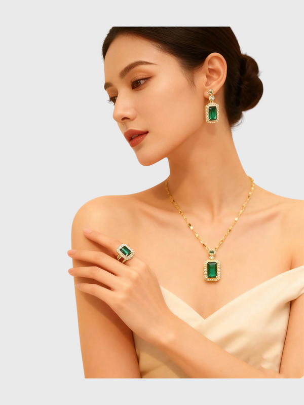 Conjunto Feminino Strass Quadrado Lumière Verde Esmeralda