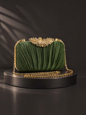 Bolsa Clutch Feminina Plissada Verde Oliva com Strass